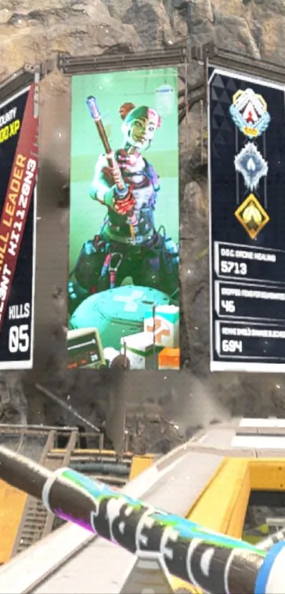 Apex Legends game scene with vibrant banners.