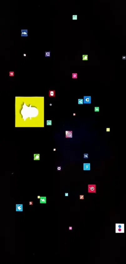 Colorful app icons on a dark background wallpaper.