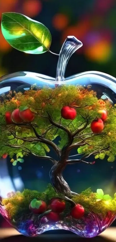 Artistic tree inside a glass apple with vibrant colors.