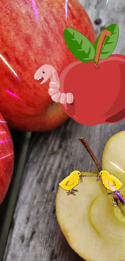Vibrant apple cartoon wallpaper with whimsical characters.