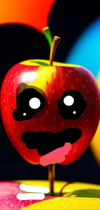 Whimsical cartoon apple with colorful abstract background.