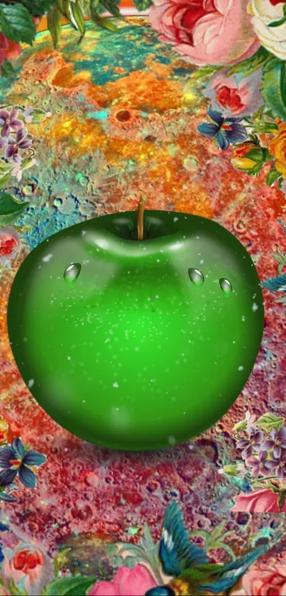 Green apple with vibrant floral background wallpaper.