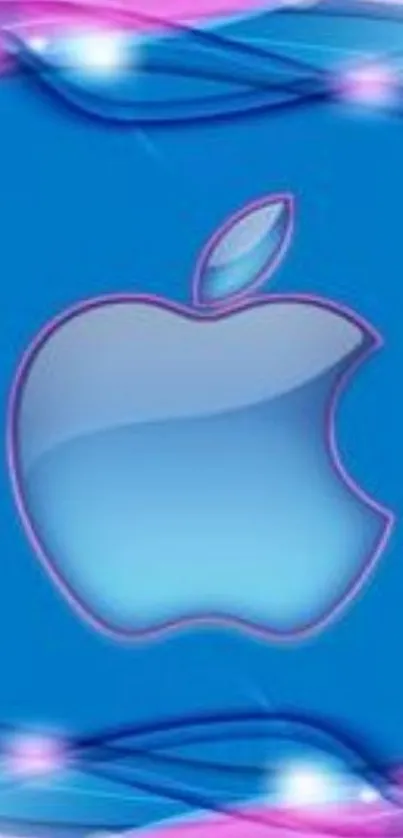 Vibrant blue Apple logo on abstract background.