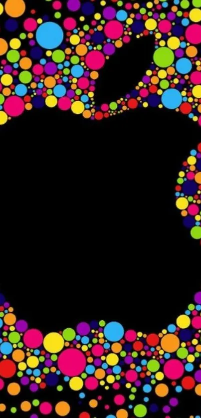 Colorful circles forming Apple logo on black background.