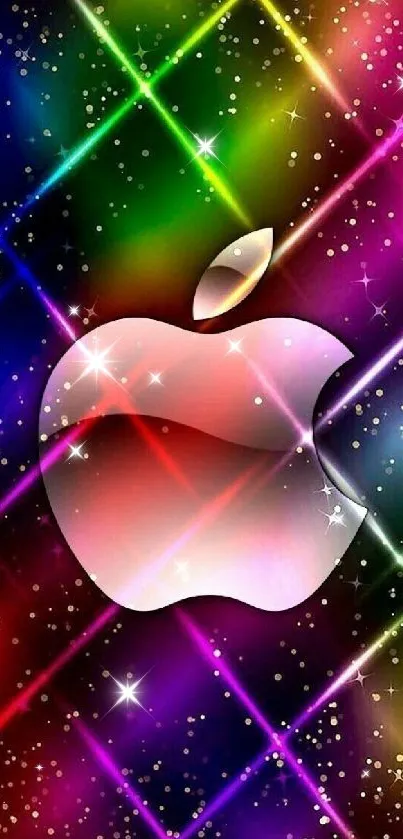 Vibrant Apple logo with colorful neon background.