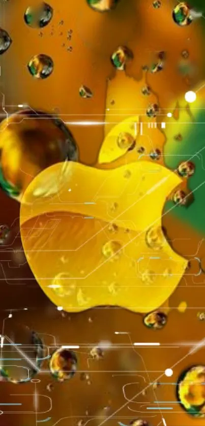 Vibrant Apple logo with bubbles and digital design on orange background.