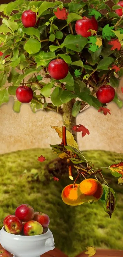 Vibrant apple tree with red apples and lush green leaves.