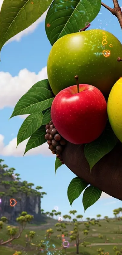 Colorful apples hanging from a tree in a scenic landscape.