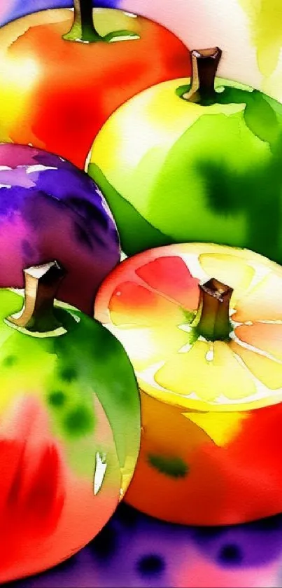 Colorful watercolor apples in vibrant hues.