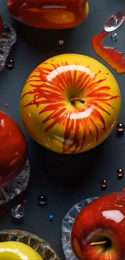 Vibrant red and yellow artistic apples on dark background.