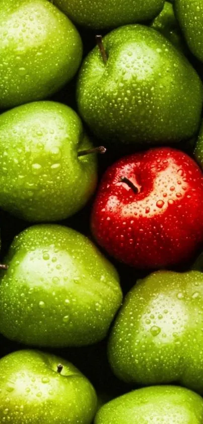 Vibrant wallpaper of green and red apples with dewdrops.