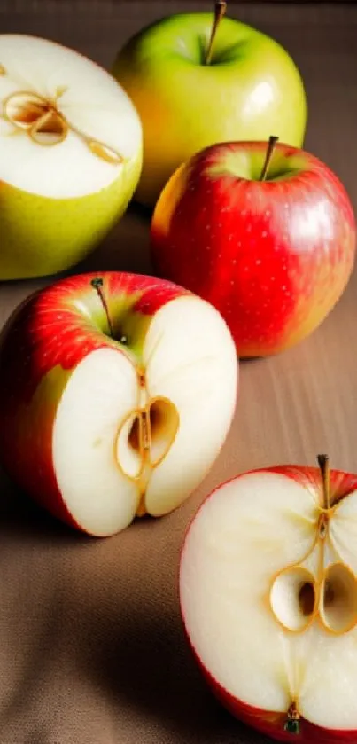 Red and green apples on a brown fabric background in a mobile wallpaper.