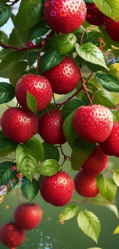 Vibrant red apples hanging from a branch with lush green leaves.