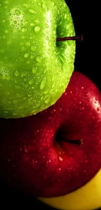 Vibrant tri-colored apples on a black background.