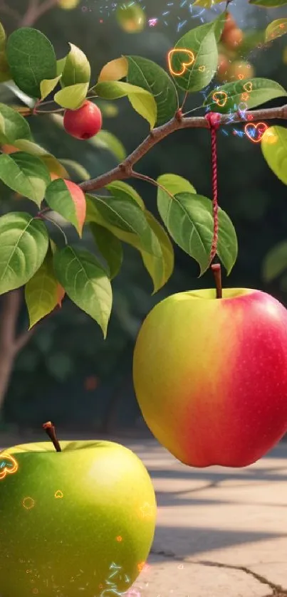 Vibrant apples hanging on a tree branch with lush green leaves.