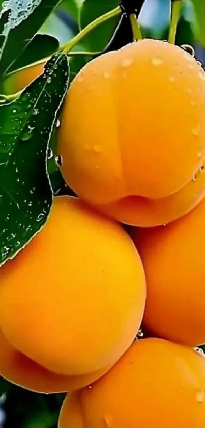 Vibrant apricots hanging on a branch with lush green leaves.