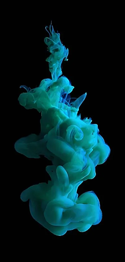 Vibrant aqua colored smoke on a dark background for mobile wallpaper.