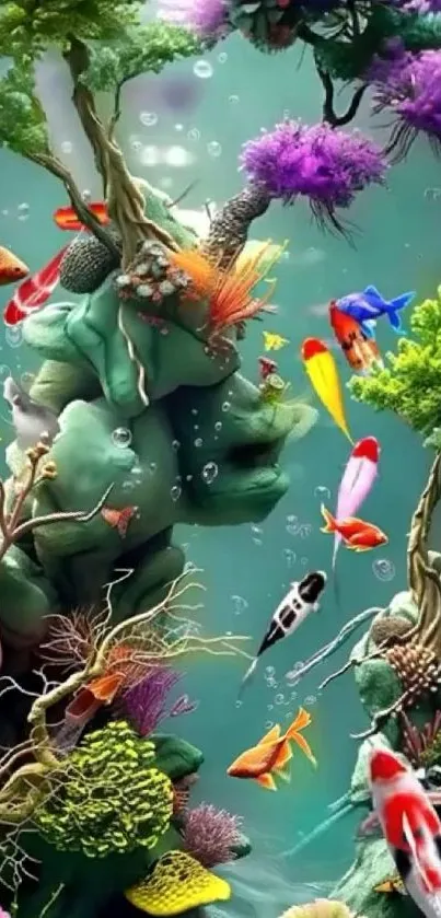 Vibrant fantasy aquarium scene with colorful fish and coral.