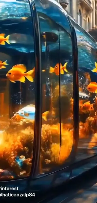 Vibrant aquarium with goldfish and coral showcased in a glass tank.