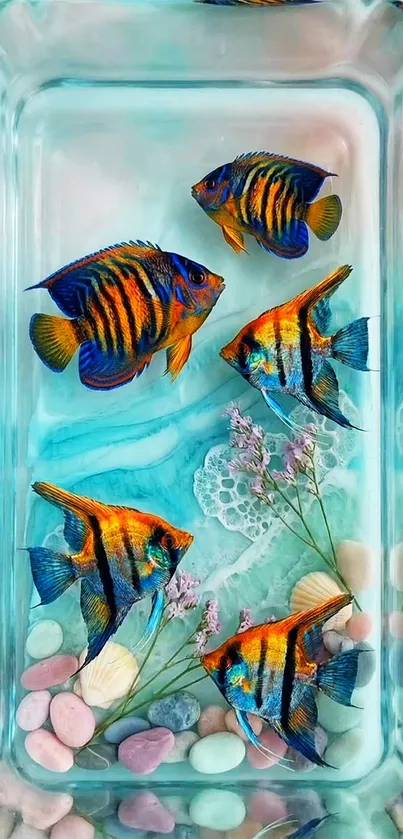 Vibrant tropical fish swimming in an aquarium art piece.