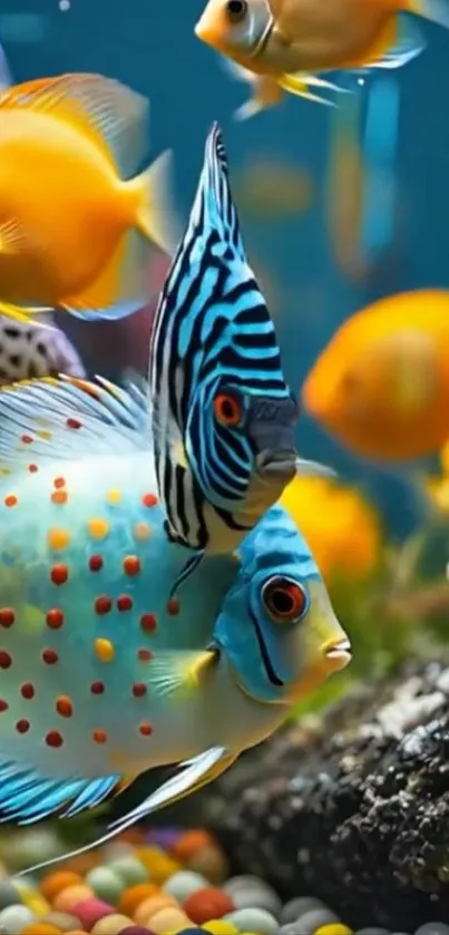 Colorful fish swimming in a vibrant aquarium.