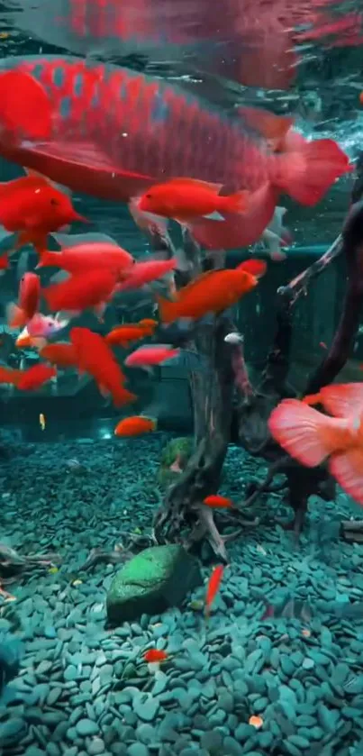 Vibrant aquarium with colorful fish swimming among natural elements.