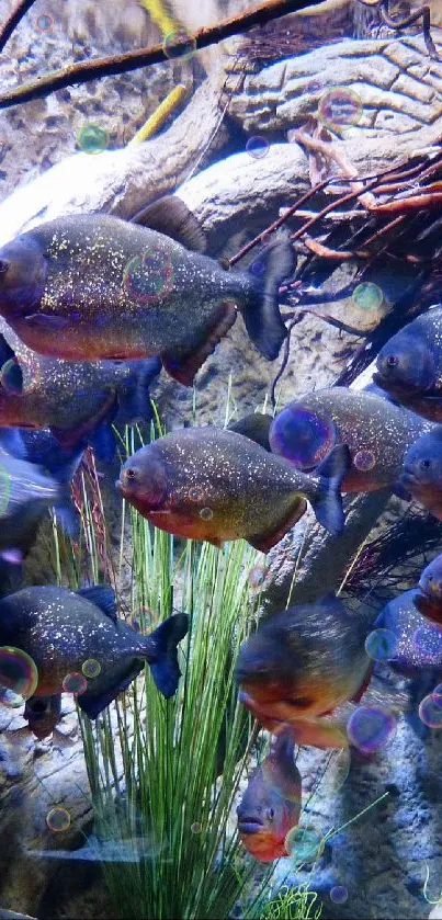 A vibrant aquarium with colorful fish swimming among plants and rocks.
