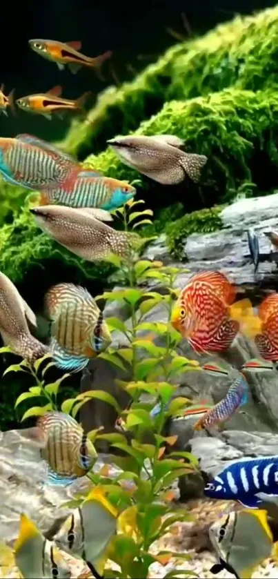 Colorful aquarium fish swimming among plants and rocks.