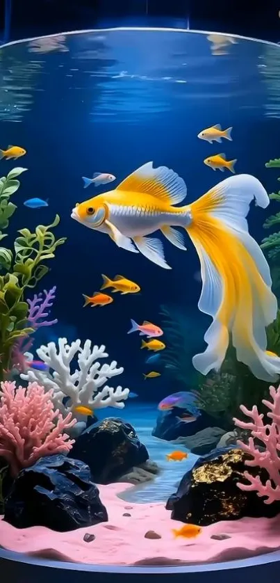 Colorful fish swimming in a vibrant aquarium with coral reefs and plants.