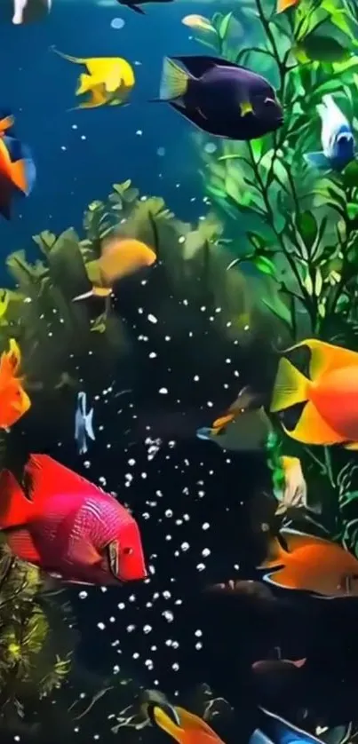 Colorful fish swim in a vibrant aquarium scene.