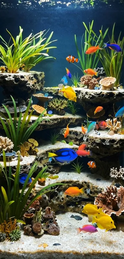 Colorful aquarium fish swimming among plants and coral formations.