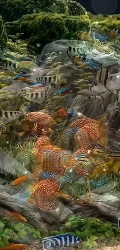 Vibrant aquarium with colorful fish swimming among rocks and greenery.