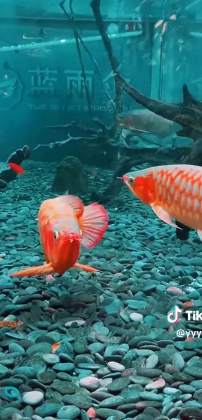 Vibrant fish swimming in a turquoise aquarium.