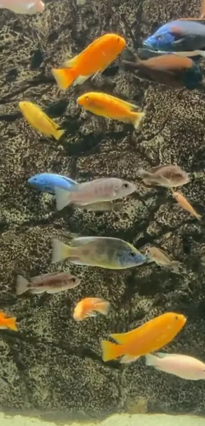 Colorful fish swimming against a textured brown background.