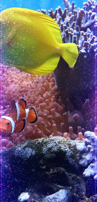 Colorful fish swim among vibrant coral reefs in a stunning aquarium scene.