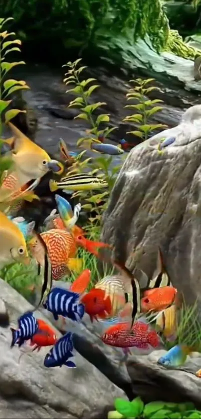 Vibrant aquarium wallpaper with colorful fish swimming among rocks and plants.