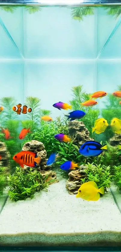 Colorful aquarium fish swimming in a vibrant tank display.