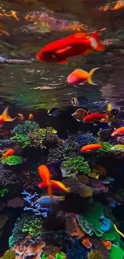 Colorful tropical fish swimming over coral reefs.