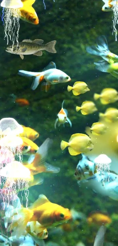 Underwater scene with colorful fish and jellyfish on a dark green background.