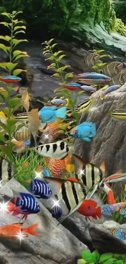 Vibrant aquarium with colorful fish swimming among rocks and plants.