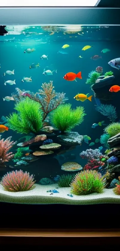 Colorful aquarium with tropical fish and coral in vibrant underwater display.