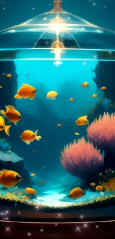 Vibrant aquarium wallpaper featuring colorful fish and coral in a fish tank.