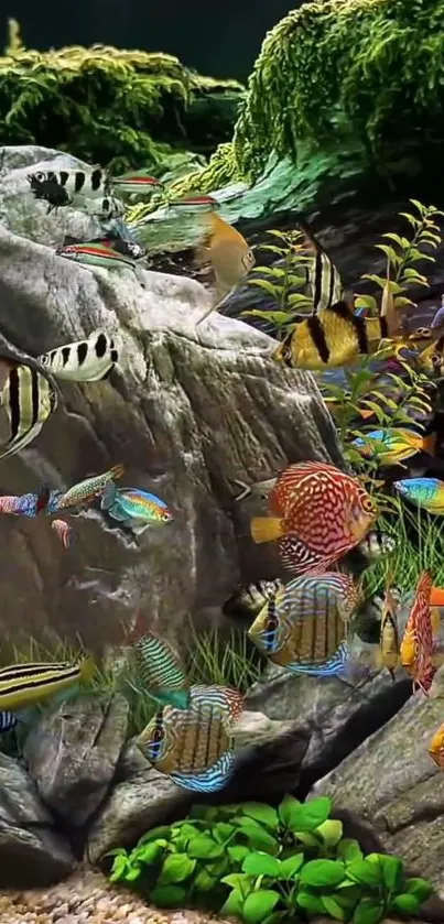 Vibrant aquarium wallpaper with colorful fish and green plants.