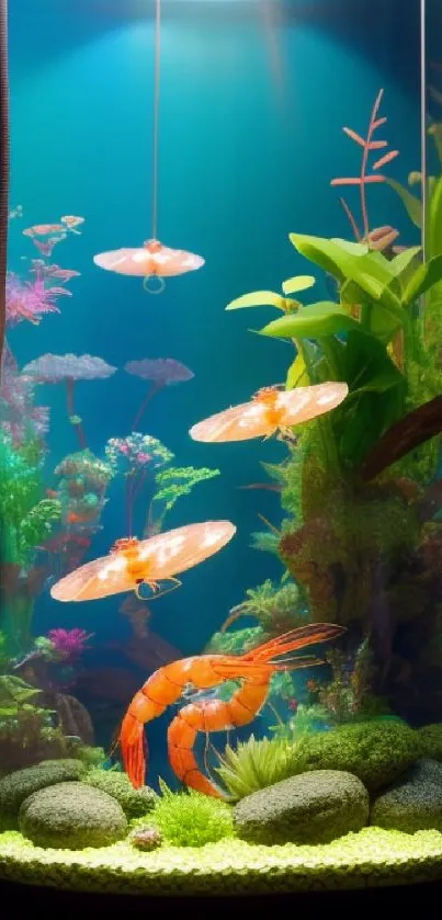 Colorful aquarium wallpaper with jellyfish and vibrant greenery.