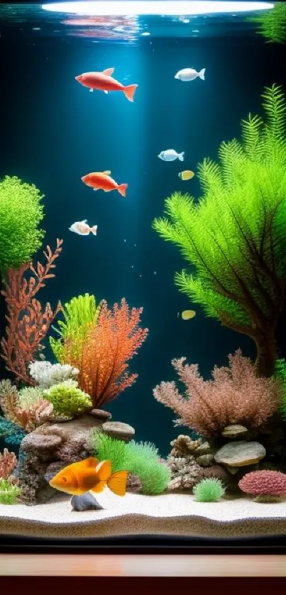 Vibrant aquarium with colorful fish and lush plants in a phone wallpaper design.