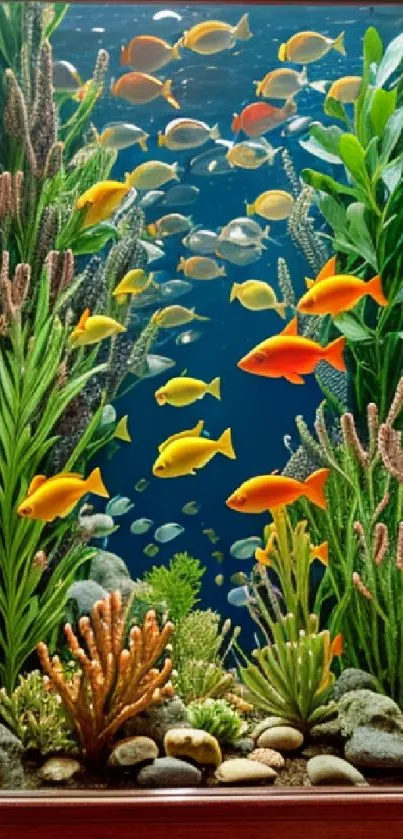 Colorful aquarium with fish and plants in a framed display.