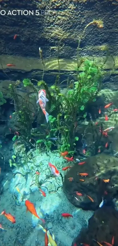 Vibrant aquarium scene with colorful fish and greenery.