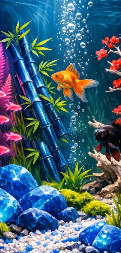 Vibrant aquarium scene featuring colorful fish and aquatic plants.