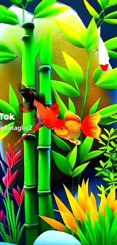 Vibrant aquatic scene with fish and bamboo art.