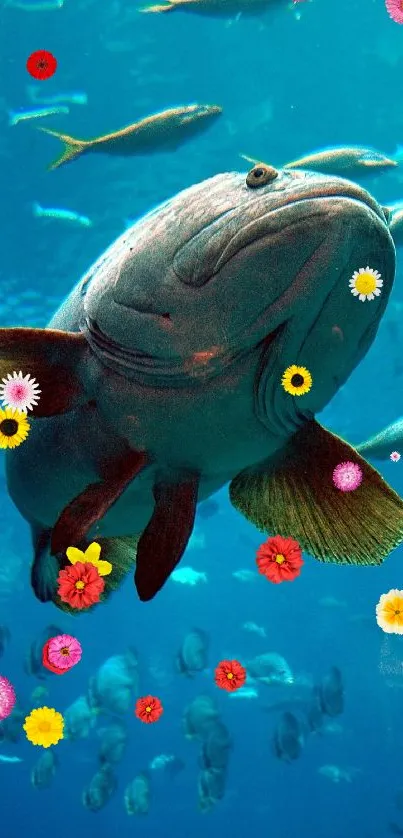 Colorful fish with flowers in an aquatic scene.